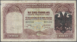100 Franka Ari ND(1939) P. 5, Stronger Used With Strong Vertical And Horizontal Folds, A 1,6cm Tear At Lower... - Albania