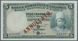 5 Franka Ari ND(1926) Specimen P. 2s, With Zero Serial Numbers, Red Overprint, In Condition: UNC. (D) - Albania