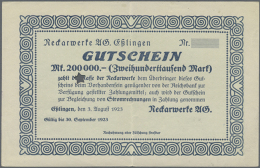 Esslingen, Neckarwerke AG, 200 Tsd. Mark, 3.8.1923, Ohne KN, Ohne Unterschrift, Ohne Perforation "N.A.G.",... - Other & Unclassified