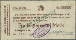 Esslingen, Albert Huttenlocher, 50 Tsd. Mark, 18.8.1923 (Tag Und Monat Gestempelt), Scheck Auf Bankhaus Ernst... - Other & Unclassified
