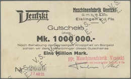 Eislingen / Fils, Maschinenfabrik Ventzki, 1 Mio. Mark, 17.8.1923, Eigenscheck Mit Gestempeltem Datum, Diagonale... - Other & Unclassified