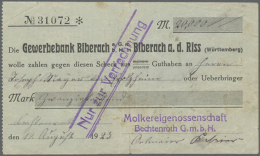 Biberach, Gewerbebank, 20 Tsd. Mark, 19.8.1923, Kundenscheck Der Molkereigenossenschaft Bechtenroth G.m.b.H., Erh.... - Other & Unclassified