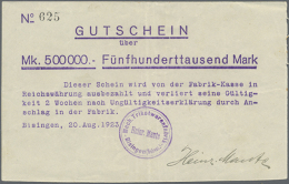 Bisingen (Hohenzollern), Heinr. Mauthe, Mech. Trikotwarenfabrik, 500 Tsd. Mark, 20.8.1923, Schein Violett... - Other & Unclassified