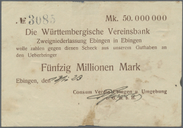 Ebingen, Consum-Verein, 50 Mio. Mark, 13.10.1923 (Datum Handschriftlich), Scheck Auf Württembergische... - Other & Unclassified