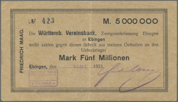Ebingen, Friedrich Maag, 5 Mio. Mark, 10.10.1923 (Tag Und Monat Gestempelt), Scheck Auf Württemb. Vereinsbank,... - Other & Unclassified