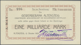 Altensteig, Möbelfabrik A. May, 1 Mrd. Mark, 12.10.1923, Scheck Auf Gewerbebank, Nominale Weder Bei Keller... - Other & Unclassified