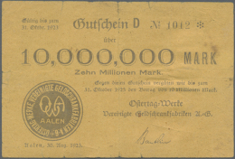 Aalen, Ostertag-Werke, 1, 10 Mio. Mark, 30.8.1923, Erh. III-IV, Total 2 Scheine (D) - Other & Unclassified