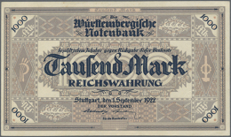 Württemberg, Württembergische Notenbank, 1000 Mark, 1.9.1922, Ohne Kontroll-Unterschrift, Erh. I- (D) - Other & Unclassified