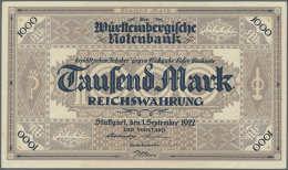 Württemberg, Württembergische Notenbank, 1000 Mark, 1.9.1922, Mit Kontroll-Unterschrift, Zarter... - Other & Unclassified
