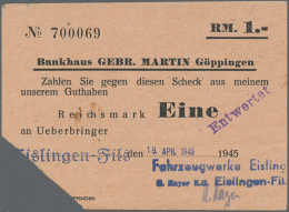 Eislingen / Fils, Fahrzeugwerke Eislingen R. Rayer K.G., 1 Reichsmark, 19.4.1945 (Datum Gestempelt), Inhaberscheck... - Other & Unclassified