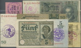 Lot Mit 5 Reichsbanknoten Mit Belgischen Und Luxmburgischen Abstempelungen, Dabei 5 Rentenmark 1926 Mit Belgischem... - Other & Unclassified