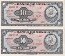 PAREJA CORRELATIVA DE MEXICO DE 10 PESOS DEL AÑO 1965 CALIDAD EBC (XF)  (BANKNOTE) - Mexique