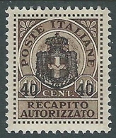 1945 LUOGOTENENZA RECAPITO AUTORIZZATO SOPRASTAMPATO 40 SU 10 CENT MH * - P41-5 - Autorisierter Privatdienst