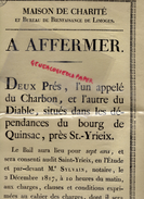 87 -SAINT YRIEIX LA PERCHE- AFFICHE PARCHEMIN MAISON CHARITE LIMOGES- A AFFERMER 2 PRES DU CHARBON ET DU DIABLE-QUINSAC - Affiches