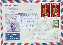 VR 69 Sarre Saar  Poste Aérienne. 1er Vol Lufthansa Vers New York 23.4.56 - Lettres & Documents