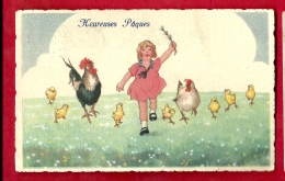 PRR-26  Heureuses Pâques, Fillette, Coq Poule Et Poussins. Cachet 1936, Petit Pli Angle - Ostern