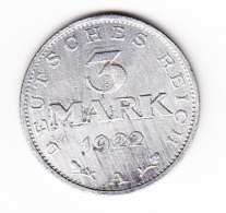 ALLEMAGNE, WEIMAR, KM 29, VF, 1922A, 3 M. (B318) - 3 Mark & 3 Reichsmark