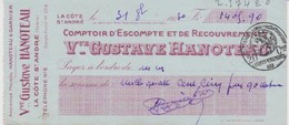 Chèque Banque Gustave Hanoteau La Côte Saint André (Isère) De 1930 Cachet Quittance 20 Cts - Cheques & Traveler's Cheques