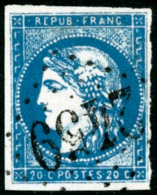 N°44A 20c Bleu R1, Type I - B - 1870 Ausgabe Bordeaux