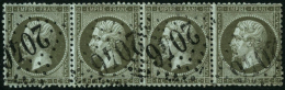 N°19 1c Olive, Bande De 4 Obl GC - TB - 1862 Napoléon III.