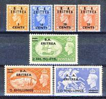 Eritrea Occupazione Inglese 1950 Francobolli GB Soprastampato  B.A. ERITREA, SS 11 N. 27 - 33  MNH Cat. € 175 - Eritrea