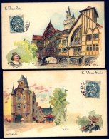 Delcampe - 2 CPA PRECURSEUR- ILLUSTRATION SIGNÉE : ROBIDA- LE VIEUX PARIS EN 1900- AQUARELLES DIVERSES- PUB CHOCOLAT GUÉRIN-BOUTRON - Robida