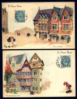 2 CPA PRECURSEUR- ILLUSTRATION SIGNÉE : ROBIDA- LE VIEUX PARIS EN 1900- AQUARELLES DIVERSES- PUB CHOCOLAT GUÉRIN-BOUTRON - Robida