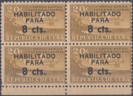 1961.91 CUBA 1961 2c Ed.88  HABILITADO PARA 8cts. AVION AIRPLANE. BLOCK 4. MNH. - Neufs