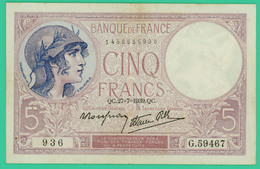 5 Francs - Violet - France - N°. G.59467 936  - 27-7-1939 MX -  TB+ - - 5 F 1917-1940 ''Violet''