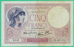 5 Francs - Violet - France - N°. M.62133 996 - 14-9-1939 - TB - - 5 F 1917-1940 ''Violet''