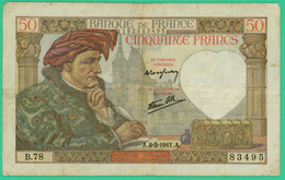 50  Francs - Jacques Coeur  -  France - N°B.78 83495 - A.8-5-1941.A.. - TB+ - - 50 F 1940-1942 ''Jacques Coeur''