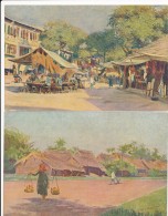 CPA COCHINCHINE VIET NAM Lot De 2 Cartes D'illustrateur Frequenez N°5 Sur La Route Saïgon Et N°12 Restaurant Chinois - Viêt-Nam