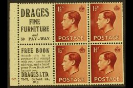 1936 BOOKLET PANE & ADVERTISING LABEL 1½d Red-brown Upright Watermark, GB Spec PB5 (perf Type I)... - Unclassified