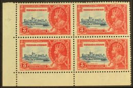 1935 3c Deep Blue And Scarlet Silver Jubilee, Corner Block Of 4, One Showing Variety "Extra Flagstaff", SG 240a... - Trinidad & Tobago (...-1961)