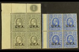 1921 12c Grey "G.E.A." Opt, SG 63, Upper Left Corner PLATE '1' BLOCK Of 4 Fine Mint (all Stamps NHM) And 15c... - Tanganyika (...-1932)