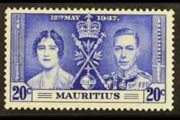 1937 20c Bright Blue Coronation Stamp With LINE BY SCEPTRE, SG 251b, Very Fine Mint. For More Images, Please Visit... - Mauritius (...-1967)
