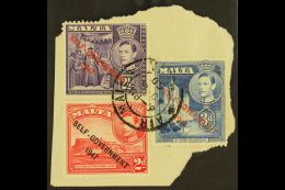 1948 New Constitution 2d Scarlet, 2½d Dull Violet And 3d Blue On Small Piece, Tied By Fine (1950) Cds, The... - Malta (...-1964)