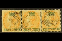 1867 8c On 2a Yellow, SG 6, Horizontal STRIP OF THREE Used, The Left Stamp With Small Thin In Left Margin And Tone... - Straits Settlements