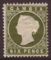 1886-93 6d Yellowish Olive-green, "Sloping Label" Variety, SG 32a, Fine Mint. For More Images, Please Visit... - Gambia (...-1964)