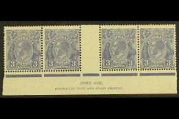 1926-30 3d Deep Ultramarine, George V Head, Die II, SG 100a, JOHN ASH Imprint Gutter Strip Of Four, Superb Mint... - Other & Unclassified