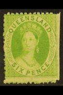 QUEENSLAND 1860-61 6d Yellow- Green Rough Perf 14-16, SG 18, Lightly Hinged Mint With Great Colour And Perfs... - Other & Unclassified