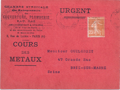 FRANCE - CARTE COURS DES METAUX 1928 PLOMB OUVRE SEMEUSE 25C BRUN - Lettres & Documents