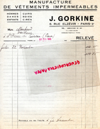 75 - PARIS - FACTURE MANUFACTURE VETEMENTS IMPERMEABLES - J. GORKINE- 6 RUE ELZEVIR- 1935 - 1900 – 1949