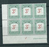 Seychelles 1951 Postage Dues 3c Green Plate Number Block Of 6 MNH - Seychelles (...-1976)