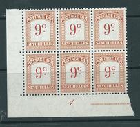 Seychelles 1951 Postage Dues 9c Brown-Orange Plate Number Block Of 6 MNH - Seychellen (...-1976)