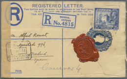 1936 (9.9.), Registered Letter KGV 2 1/2pia. Blue Uprated With 2 1/2pia 'Kolossi Castle' Used From Nicosia With Red... - Sonstige & Ohne Zuordnung