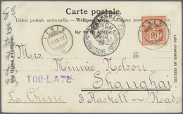 1902, "TOO-LATE" In Violet 1902 W. "SHANGHAI LOCAL POST OC 20 02" Alongside On Inbound Ppc From Switzerland, Also... - Sonstige & Ohne Zuordnung