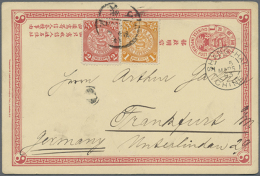 1898, Card CIP 1 C. Uprated Coiling Dragons 1 C., 2 C. "SHANGHAI 5 MAR 05" Via French Office To Frankfurt/Germany,... - Sonstige & Ohne Zuordnung