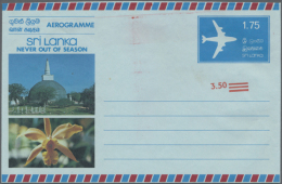 1981 (ca.), Four Pictorial Aerogrammes 1.75r. Airplane With HEAVY MISPLACED SURCHARGE '3.50' To Different... - Sri Lanka (Ceylon) (1948-...)