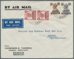 1944 Airmail Cover From Bahrain To Geneve, Switzerland Franked By KGVI. 8a., 4a. And 1a. Pair All Surcharged... - Bahrain (1965-...)